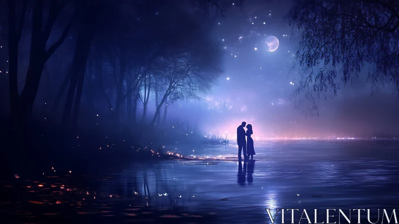 Moonlit Lakeside Silhouettes: Romantic Night Scene.