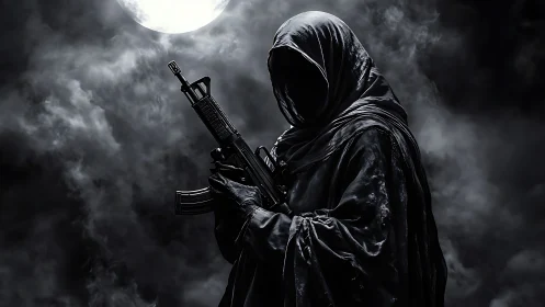 Hooded spectral rifleman under high-contrast lunar backlight.