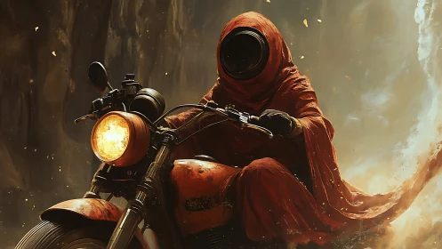 Hooded motorcyclist with featureless helmet rides forward