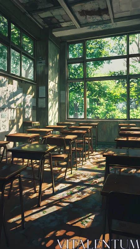 Sunlit empty classroom with dappled forest shadows.