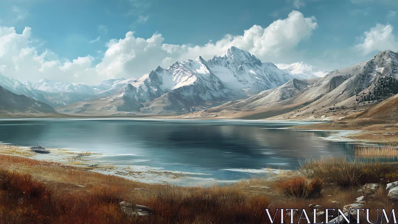 Snow crowned mountains welcome a calm reflective lakeshore