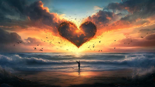 Solitary Figure Gazes at Cosmic Heart in Burning Sky