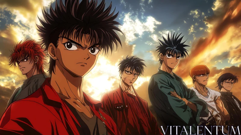 Group of anime characters under a dramatic sky at dusk.