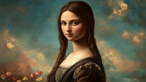 Digital neo‑Renaissance portrait with atmospheric sky field.