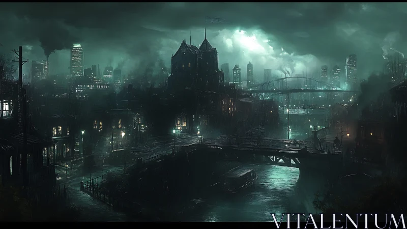 Rain-soaked dystopian cityscape under storm-lit sky.