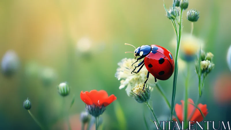 Macro study of glossy ladybug on wildflower stems in bloom.