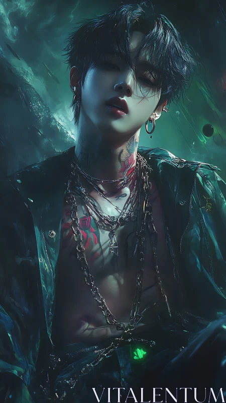 Neon-lit cyberpunk idol with chains and glowing tattoos.