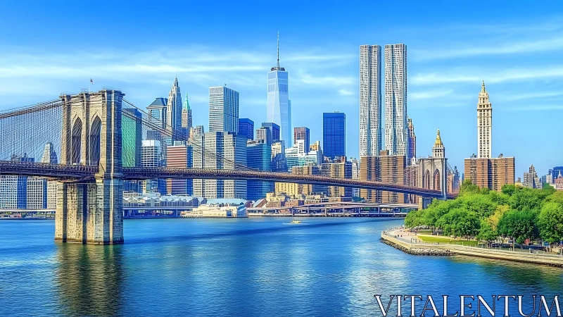 Brooklyn Bridge spans river before dense New York skyline