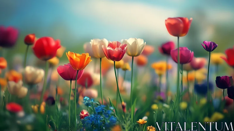 Vibrant Tulip Field with Selective Focus Depth Effect.