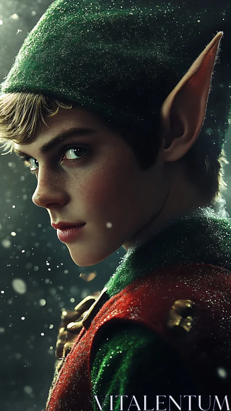 Enigmatic Christmas elf glances back through drifting snow.