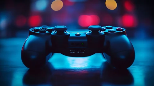 Gaming Controller with Neon Blue Illumination Against Dark Background