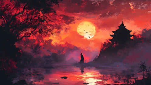 Crimson sunset over temple lake with lone cloaked wanderer.