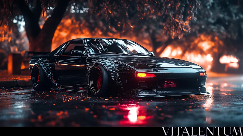 Low-slung tuner car under neon-lit autumn rainstorm street.