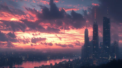 Neon river city under blazing magenta sunset sky