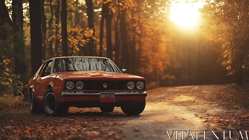 Vintage orange coupe on forest road in autumn light.