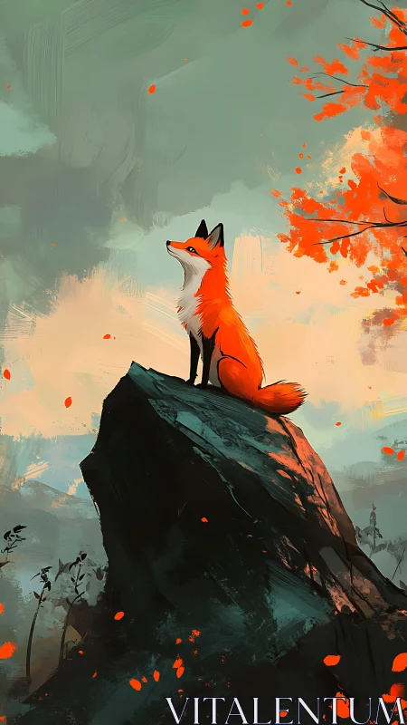 Solitary red fox on rocky peak amid orange autumn leaves.