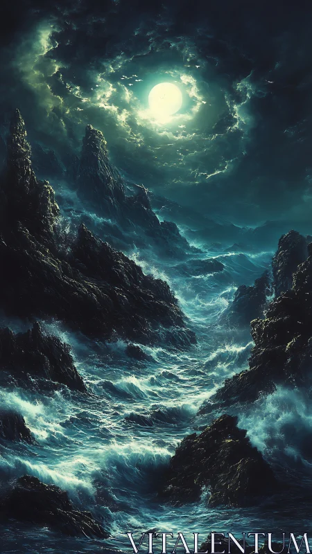 Moonlit tempest over jagged obsidian sea stacks.