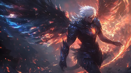 Armored fallen angel strides through dual elemental wings