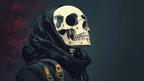Hooded skeletal figure gazes outward in muted darkness.