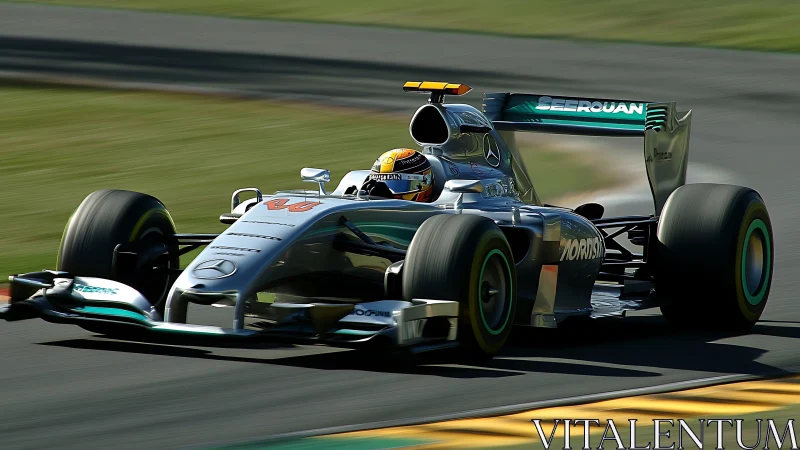 Silver race car surging through the circuit with bold speed.