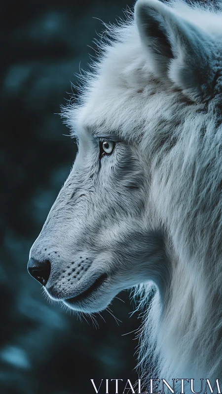 Moonlit white lion in thoughtful blue-toned profile.