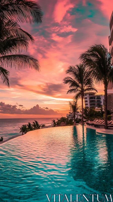 Infinity pool at tropical resort under vivid sunset sky.