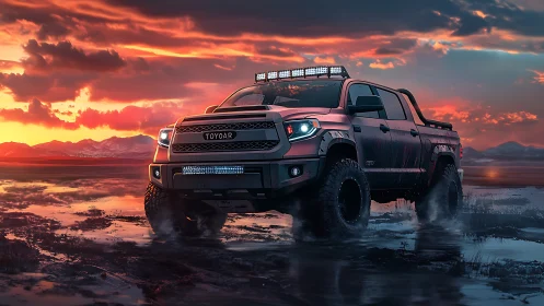 Off-road pickup truck powers through reflective mud at sunset