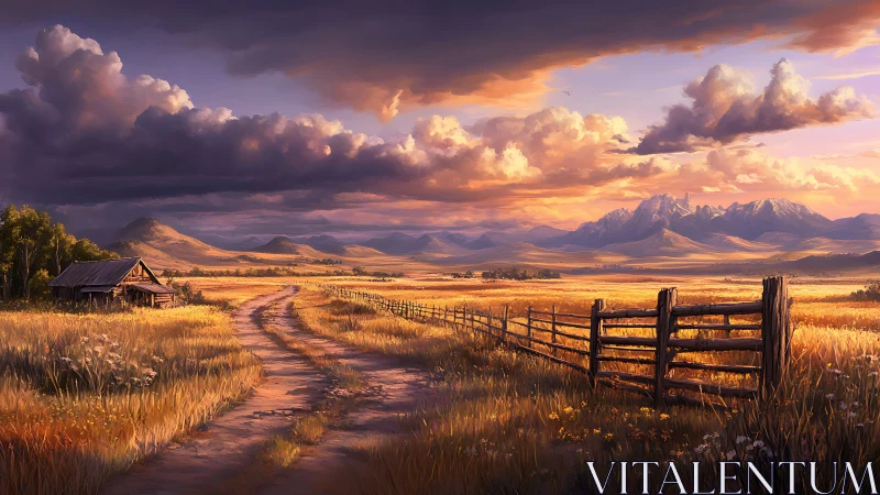 Golden country road winds through sunset prairie fields.