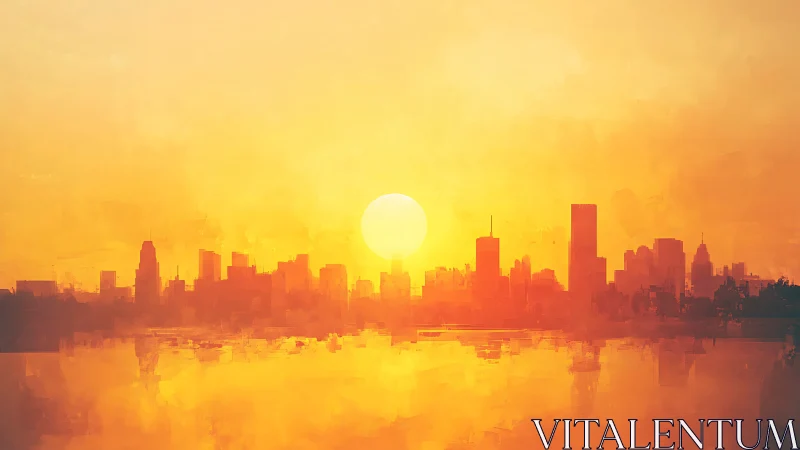 Urban skyline silhouetted in radiant golden sunset haze.