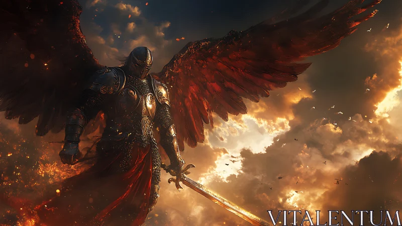 Armored angelic warrior descends with flaming sword