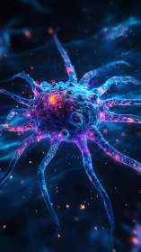 Bioluminescent neural cell rendered as cosmic microstructure.