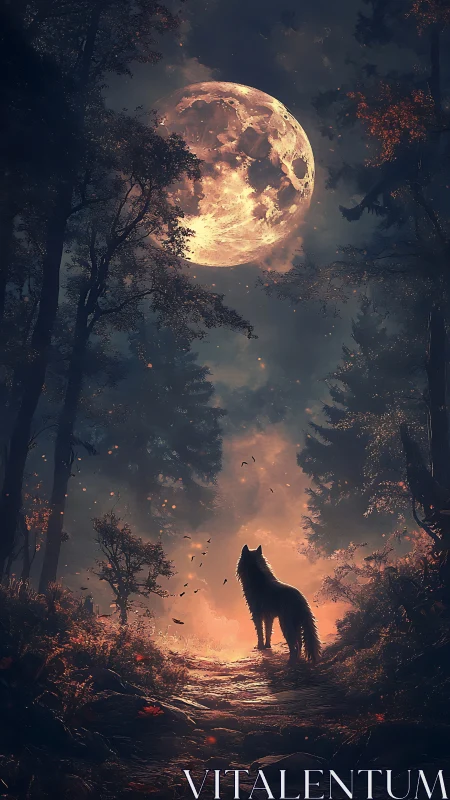 Lone wolf stands on forest path under glowing full moon.