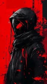 Hooded shadowed figure emerges against violent red void.