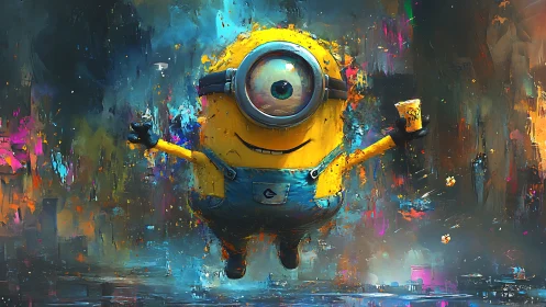 Minion character floats amid abstract neon paint splashes