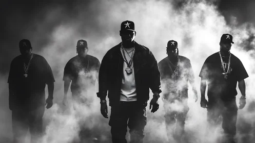 Hip hop group walks through dense stage smoke in silhouette