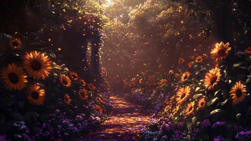 Radiant Path Through Sunflower Dreams and Purple Blooms