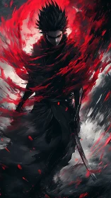 Sword-wielding dark figure enveloped in dynamic red energy