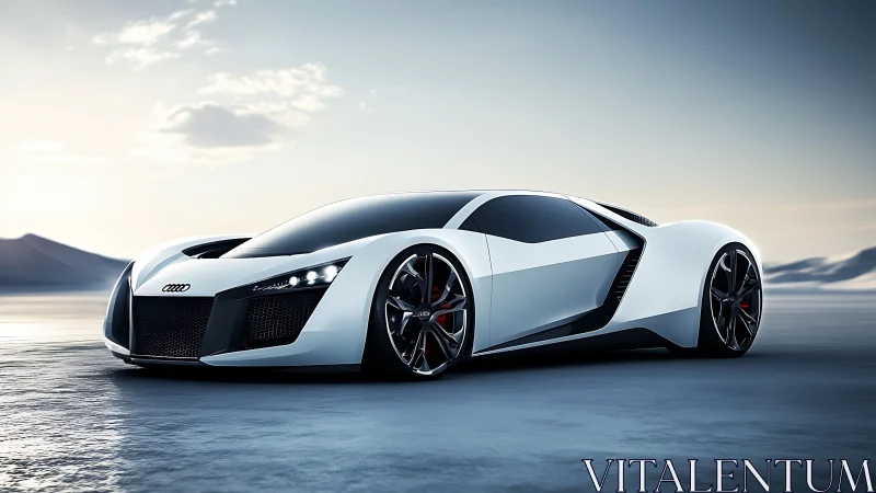 Futuristic white Audi supercar concept on open salt flat.