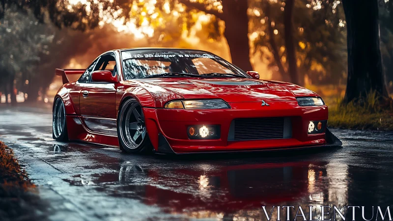 Widebody red Mitsubishi coupe on wet road with stance-tuned aero