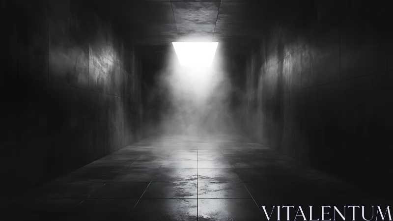 Moody concrete tunnel opens to a single shaft of white light