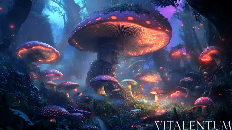 Glowing giant mushrooms dominate dense blue forest clearing