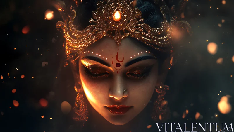 Ember-crowned goddess in meditative firelit twilight gaze.