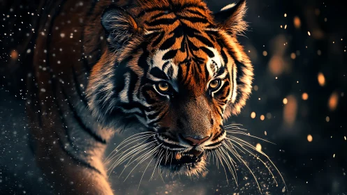 Tiger in ember-lit snow, a quiet storm of wild focus.