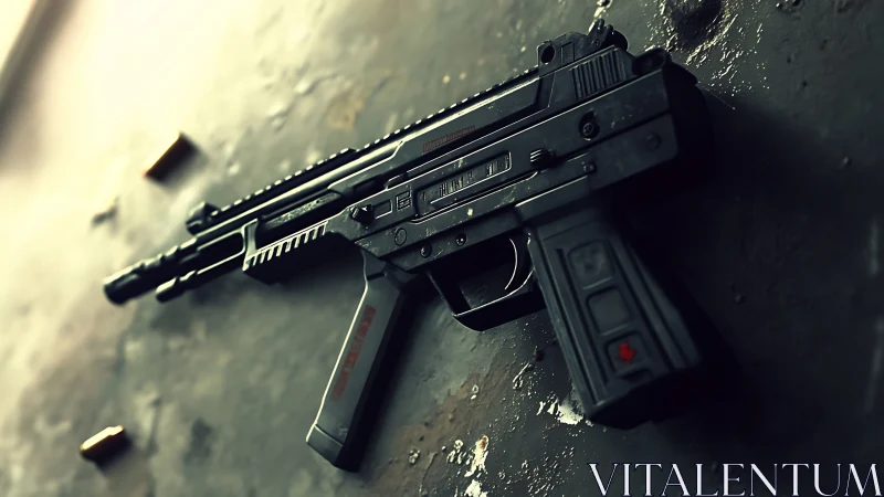 Futuristic tactical firearm resting in cinematic close view.