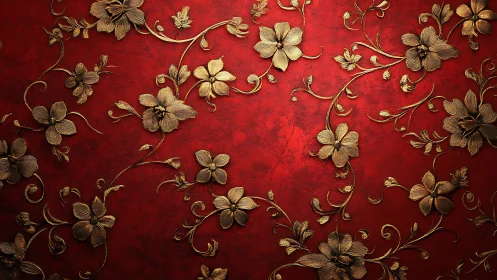 Red textile surface with embossed metallic gold floral patterns throughout.