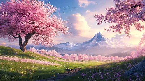 Dreamy cherry blossom valley beneath gentle spring peaks.