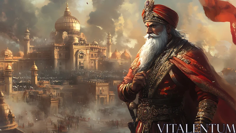 Regal warrior overlooking grand domed imperial city.