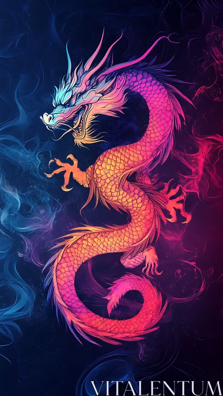 Neon dragon coils through glowing smoke on a dark void
