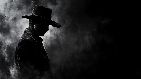 Silhouetted cowboy in profile against dense smoke field.