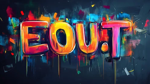 Vibrant EO.U.T graffiti text over dark painted wall.